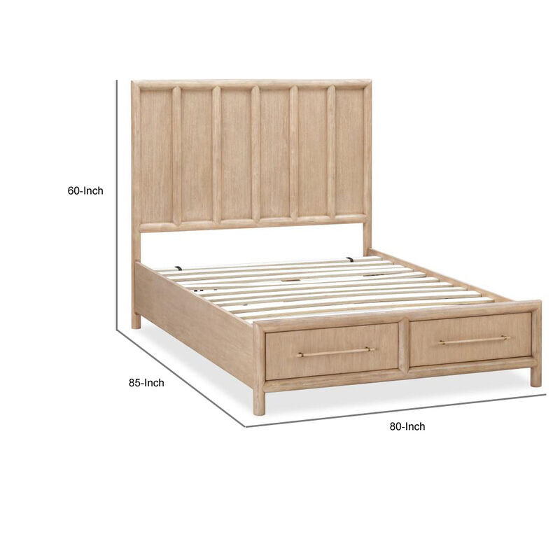 Dory King Size Bed, Panel Vertical Wood Bar Headboard, Light Brown Acacia - Benzara
