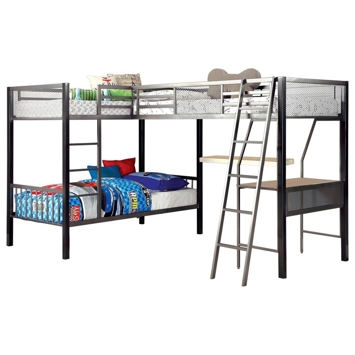 Benjara Triple Twin Size Bunk Beds with Desk and Ladders, Silver Metal Frame