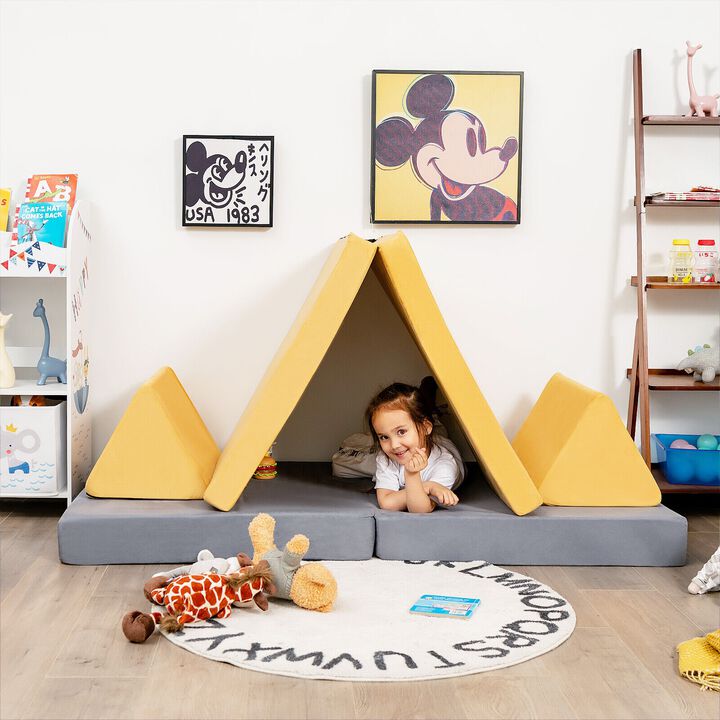 4 Pieces Convertible Kids Couch Set with 2 Folding Mats in Yellow