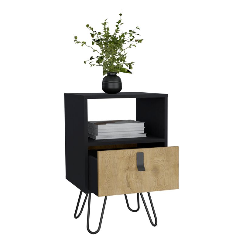 Huna Nightstand, Stylish Storage with Hairpin Leg, Open Shelf and Drawer-Black / Macadamia