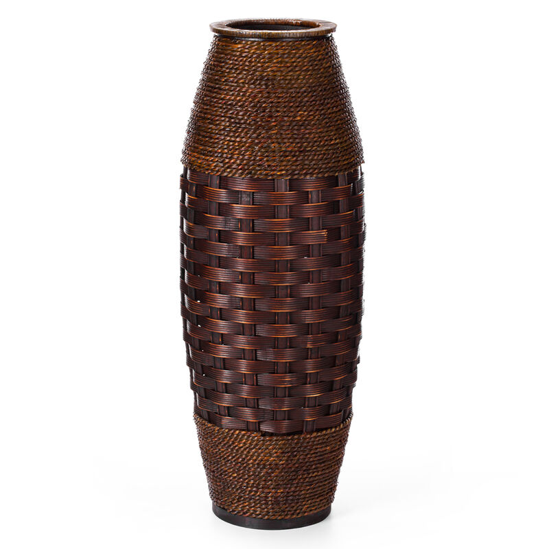 Antique Cylinder Style Floor Vase For Entryway or Living Room, Bamboo Rope, Brown 26" Tall