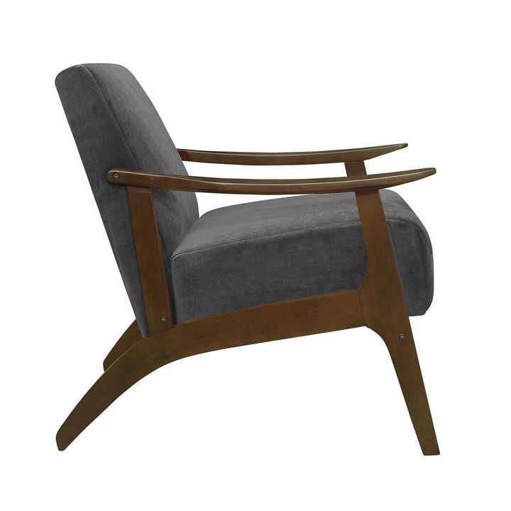 Rica 32 Inch Accent Armchair, Curved, Dark Gray Velvet, Brown Solid Wood - Benzara