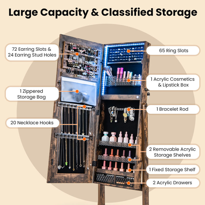 Lockable Jewelry Armoire Standing Cabinet with Lighted Full-Length Mirror-Coffee