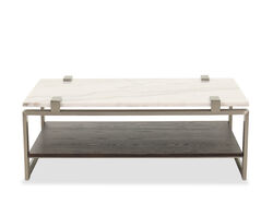 Marble top modern cocktail table with stainless steel frame andcontrasting wooden storage shelf.