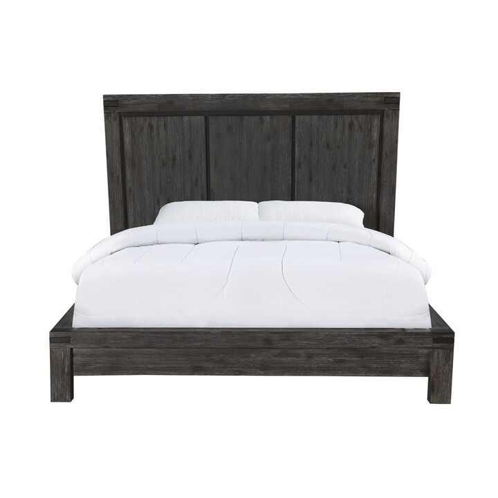 Pim Solid Wood Platform Queen Bed, Plank Panel Headboard, Brushed Gray - Benzara
