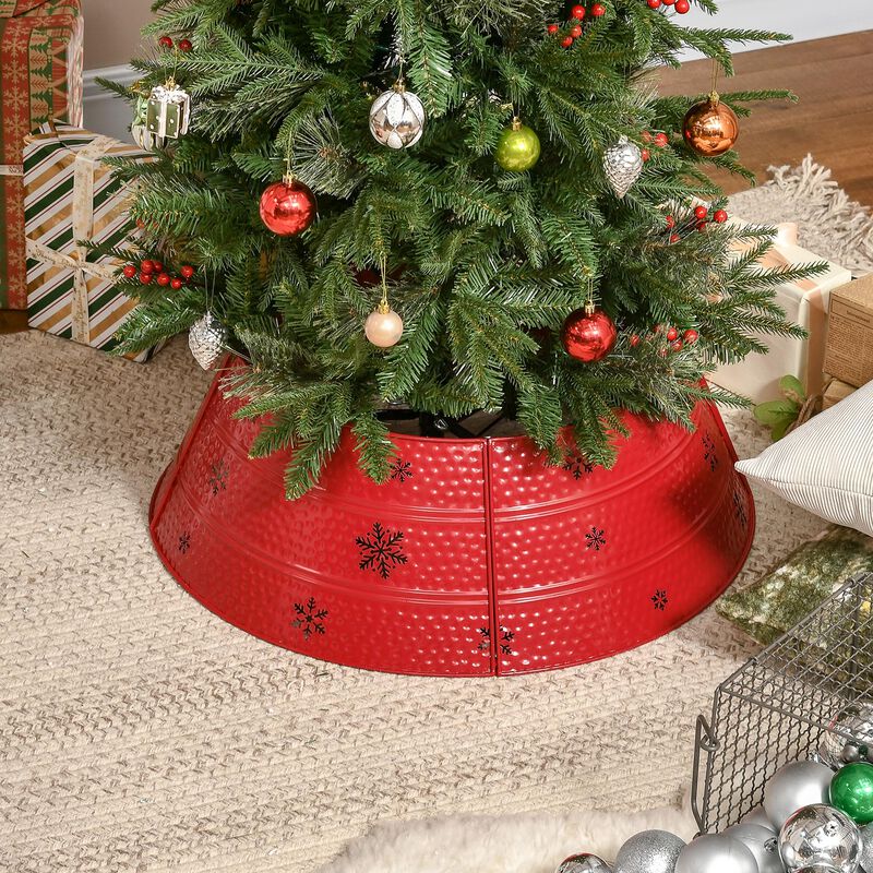 Christmas Tree Collar Steel Tree Ring Skirt Decor w/ Snowflake, 26" Base, Red