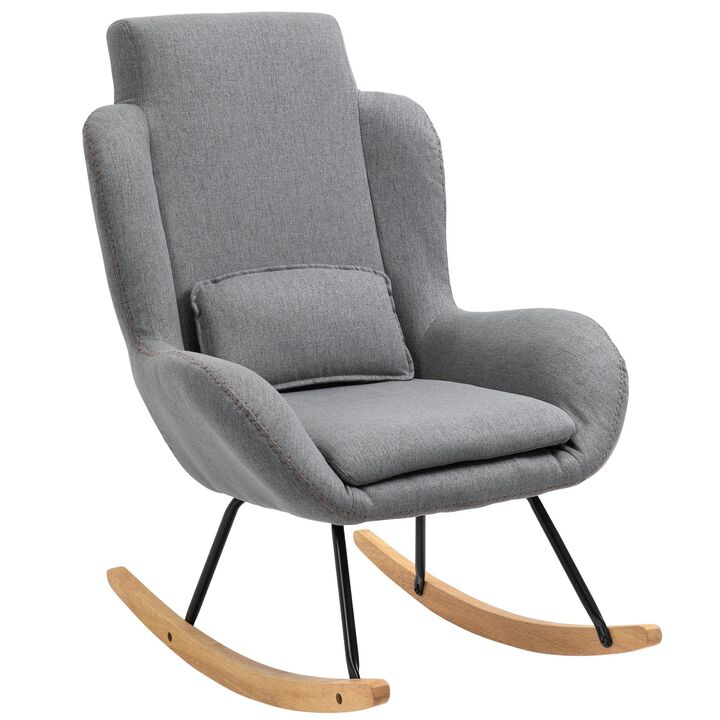 Light Grey Modern Rocker: Fabric Armchair with Removable Lumbar Pillow