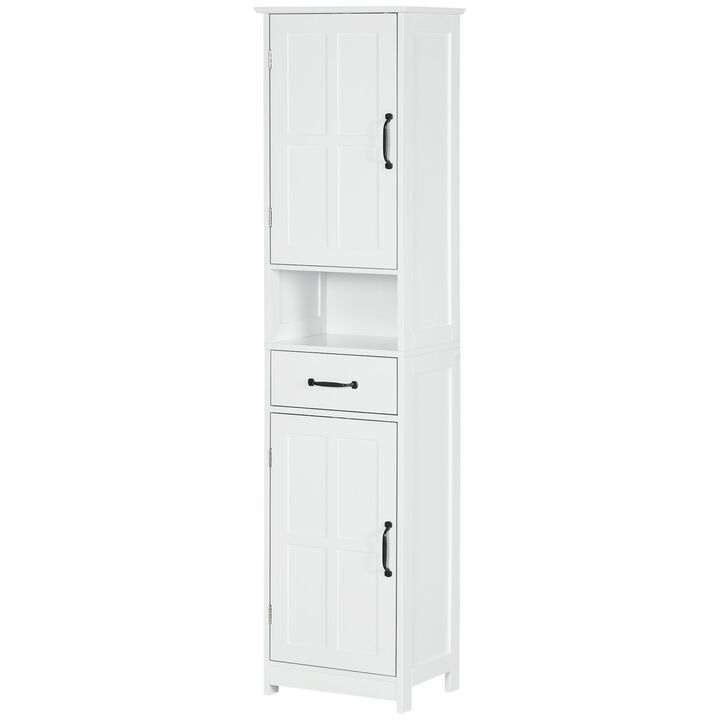 White Bathroom Organizer: Tall Slim Cabinet with Open Shelf & Drawer