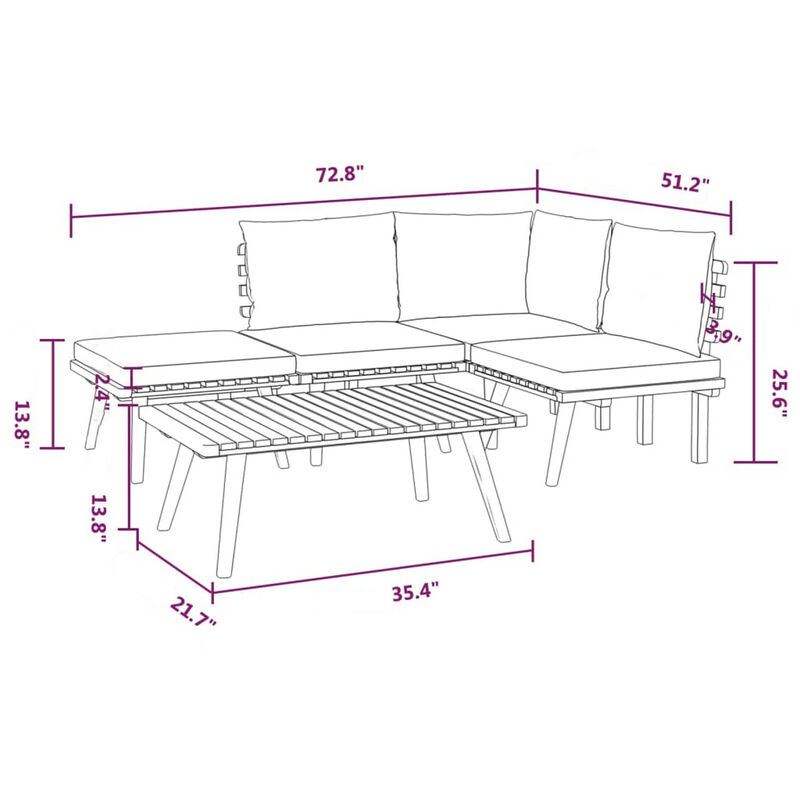 Roma 5pc Outdoor Modular Sofa Set, Table, Acacia Wood, Gray, White - Benzara