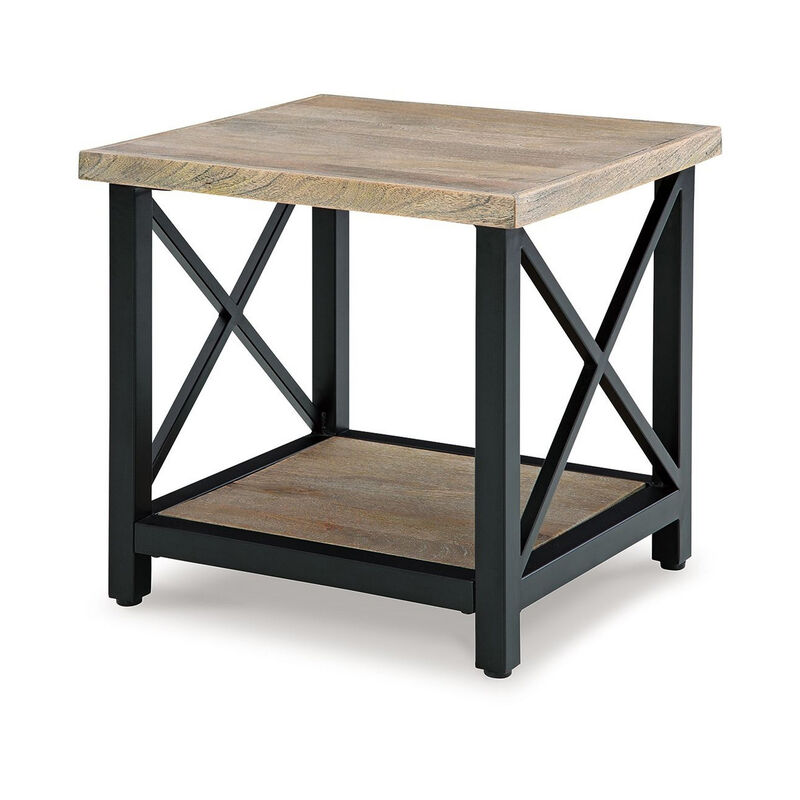 Sten Side End Table, Shelf, Rustic Brown Wood, 24 Inch Black Metal - Benzara