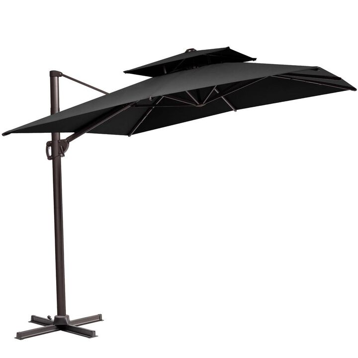 HomeRoots 11' Black Polyester Round Tilt Cantilever Patio Umbrella With Stand