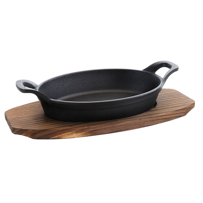 General Store Addlestone 2 Piece 10.5 Inch Pre-seasoned Oval Cast Iron Server with Burned Furwood Base