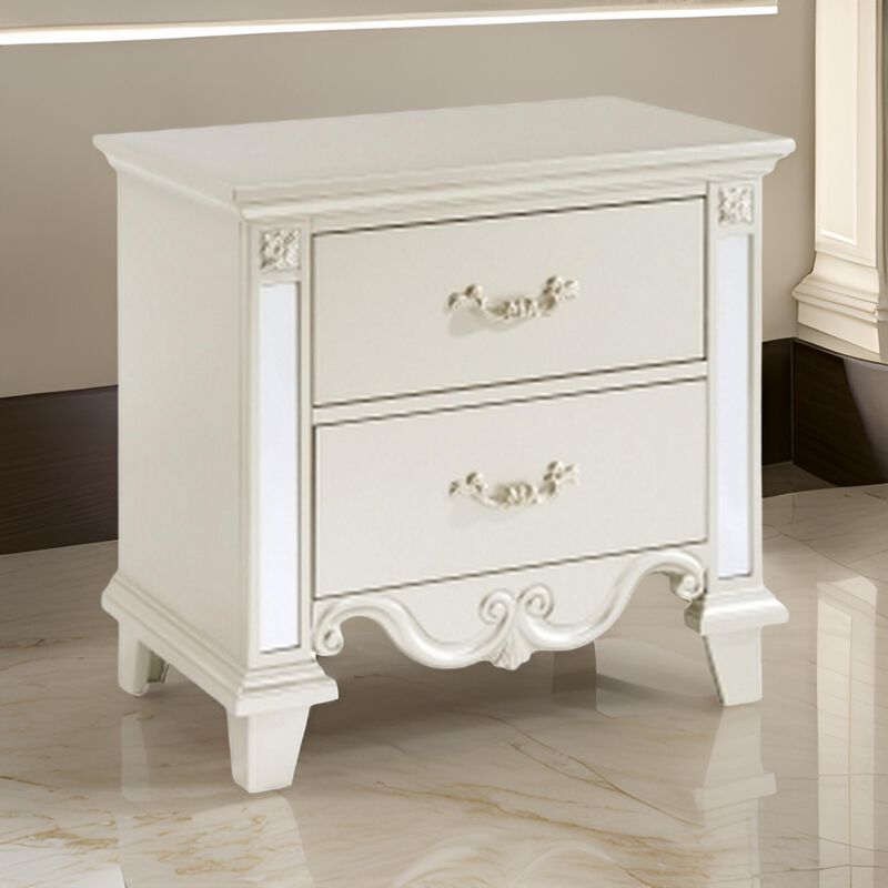 Xeni 28 Inch Nighstand, 2 Drawers, Scrolled and Mirror Accent, Champagne - Benzara