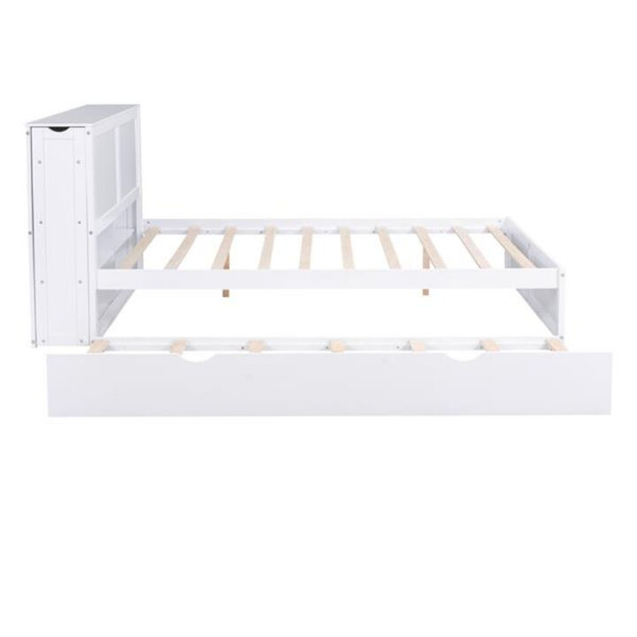Space-Saving Platform Bed with Storage Shelves and Pull-Out Trundle