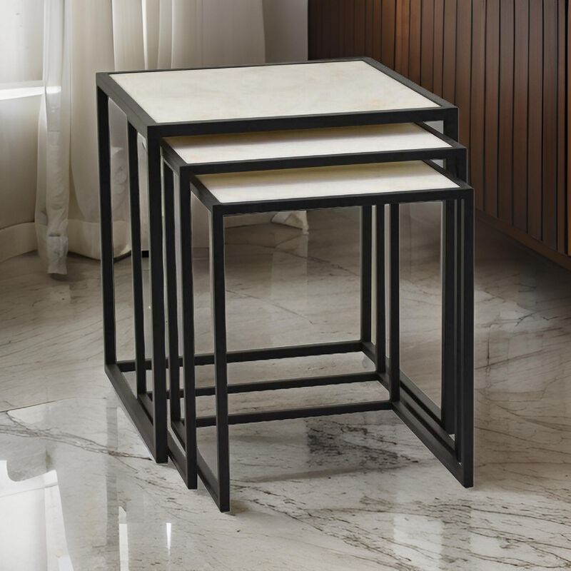 Plant Stand Table Set of 3, Nesting Open Black Metal Frame, White Top - Benzara