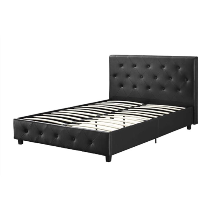 Hivvago Queen size Black Faux Leather Upholstered Platform Bed with Button Tufted Headboard