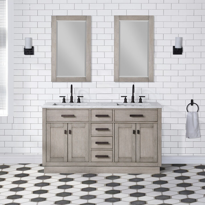 Chestnut 60 In. Double Sink Carrara White Marble Countertop Bath Vanity In Grey Oak with Oil Rubbed Bronze Hardware