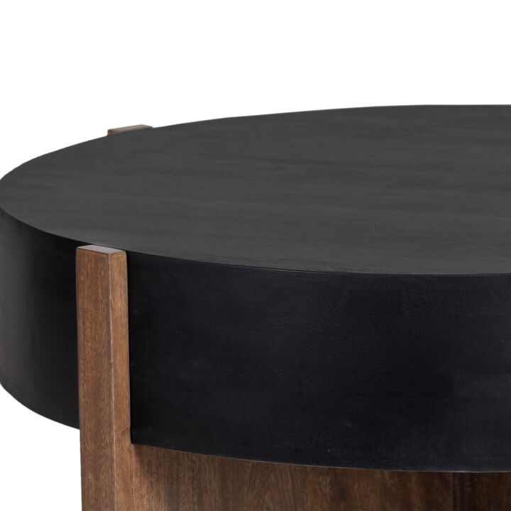 Naufe Coffee Table, 41 Inch Round Matte Black Top, Brown Cross Panel Legs, Mango Wood Frame