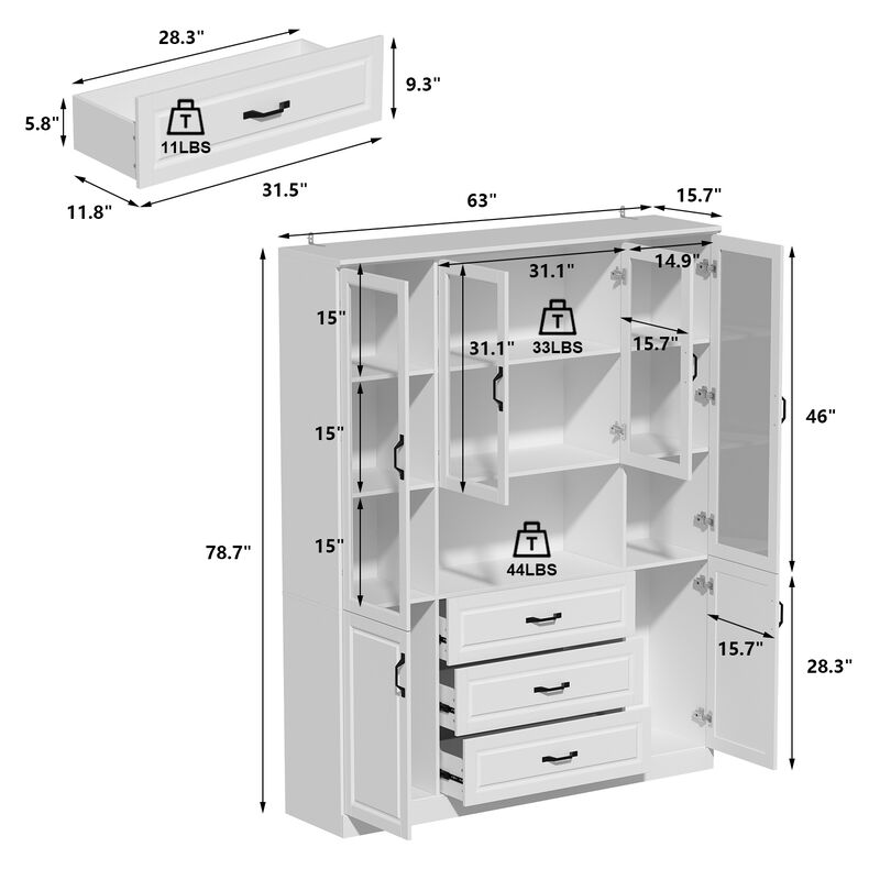 White Wood 63 in. W Buffet Sideboard Food Pantry W/Hutch, Glass Doors, Adjustable Shelves (15.7 in. D x 78.7 in. H)