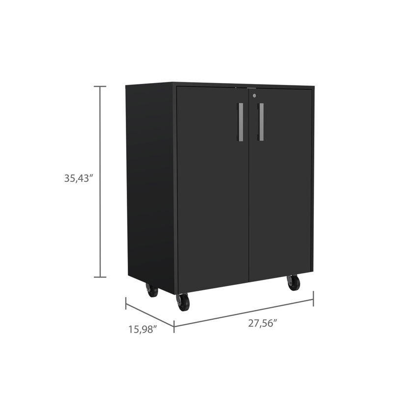Storage Cabinet, Casters, Double Door, Two Interior Shelves - Black
