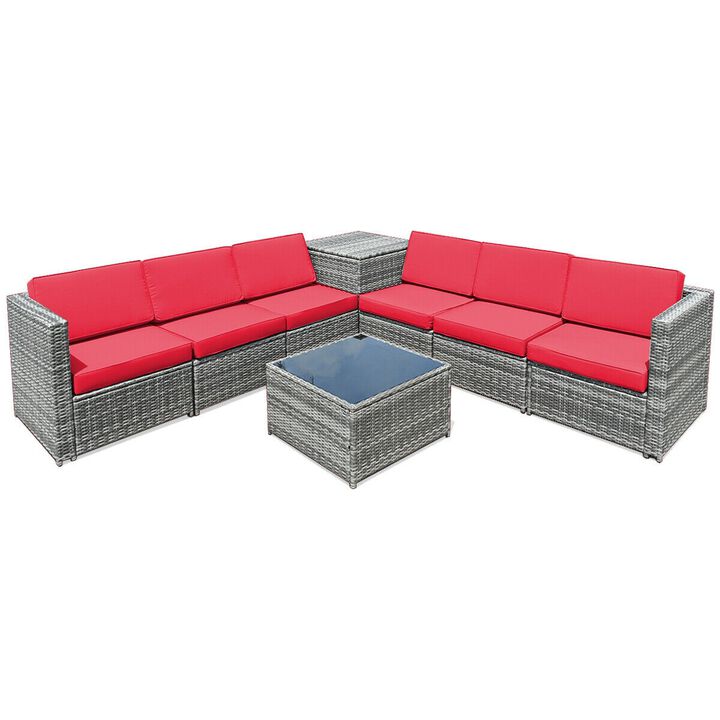 8 Piece Wicker Sofa Rattan Dinning Set Patio Furniture with Storage Table