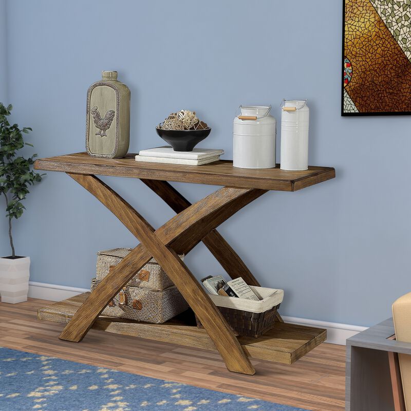 Wooden Sofa Table with Open Bottom Shelf and X Shaped Base, Antique Light Oak Brown-Benzara