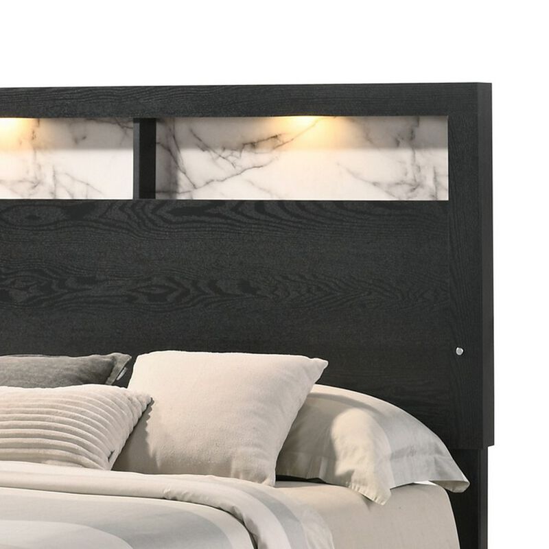Yoh Queen Size Bed, Wood, Headboard with Lights and Shelves, Black - Benzara