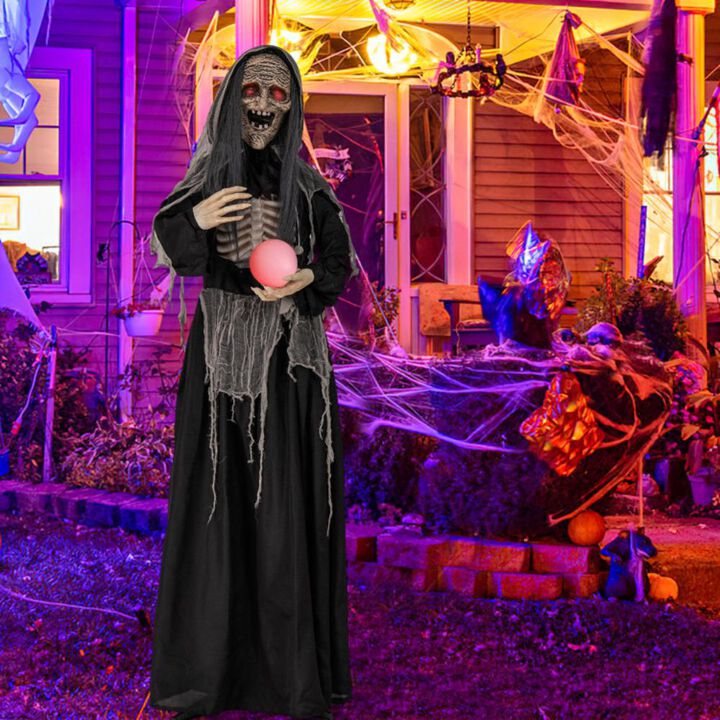 Hivvago 6ft Halloween Animatronics Standing Witch with Light Up Eyes and Magical Ball