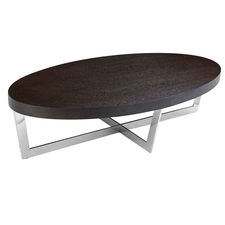 Tini 55 Inch Coffee Table, Oval Top, Chrome Frame, Espresso Brown Finish - Benzara