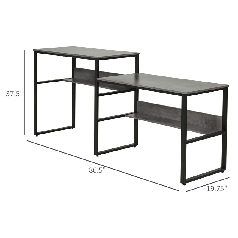 Black/Grey Shared Workspace: 86.5" Two-Person Desk with Shelves