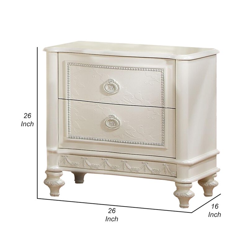 Benjara Dorie 26 Inch Nightstand with 2 Drawers, Oval Molded Trim, Ivory White Wood