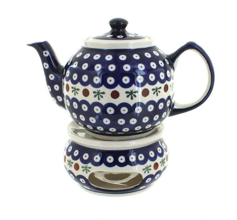 Blue Rose Polish Pottery Flowering Peacock Teapot with Warmer