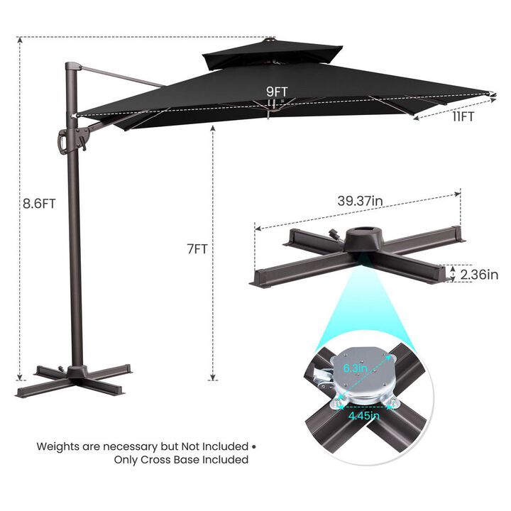 HomeRoots 11' Black Polyester Round Tilt Cantilever Patio Umbrella With Stand