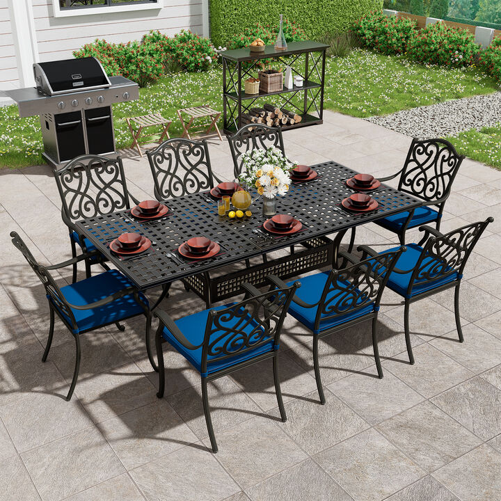 Mondawe 9 Piece Outdoor Dining Set Cast Aluminum with 1 Rectangle Expandable Table 8 Pieces Dining Chairs with Cushion Navy