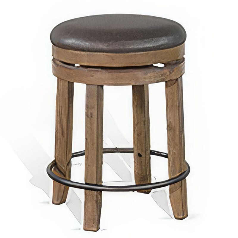 Yael Swivel Counter Stool Set of 2, Gray Faux Leather, Brown, Black - Benzara