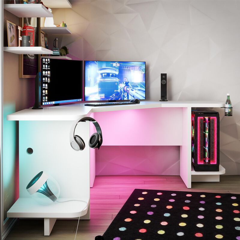 Mod Corner Gaming Desk with LED Light Kit, White