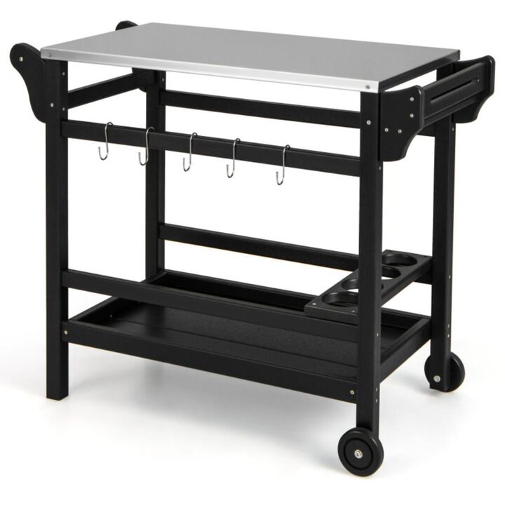 Hivvago Movable Outdoor Dining Cart Table HDPE Pizza Oven Stand Table with Stainless Steel Tabletop