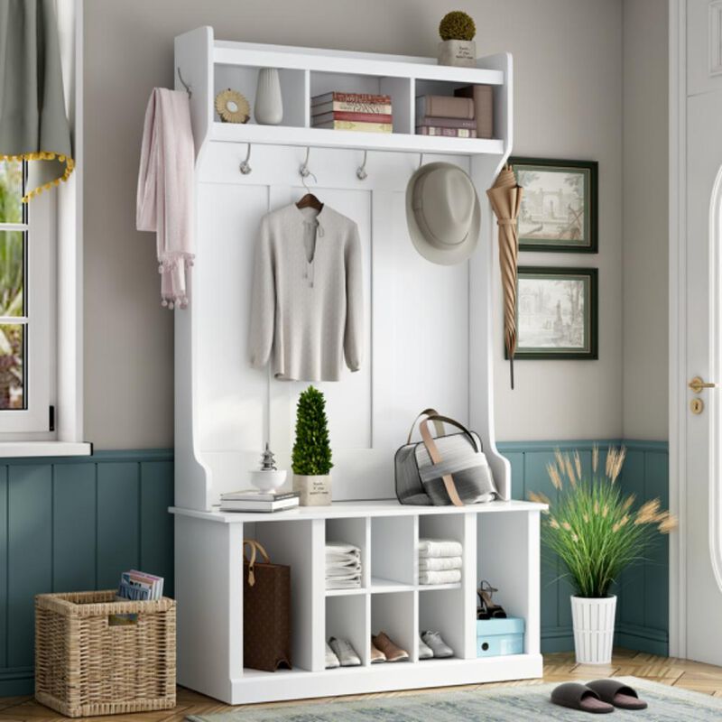 Entryway Hall Tree with Storage Bench & 6 Coat Hooks For Mudroom Organizer