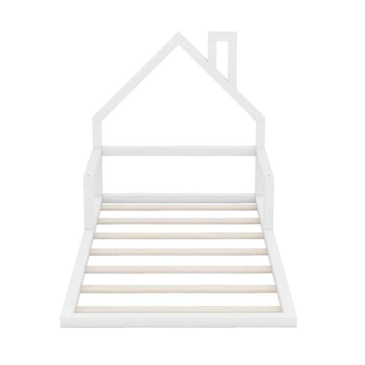 Merax Wood Floor Bed with House-shaped Headboard
