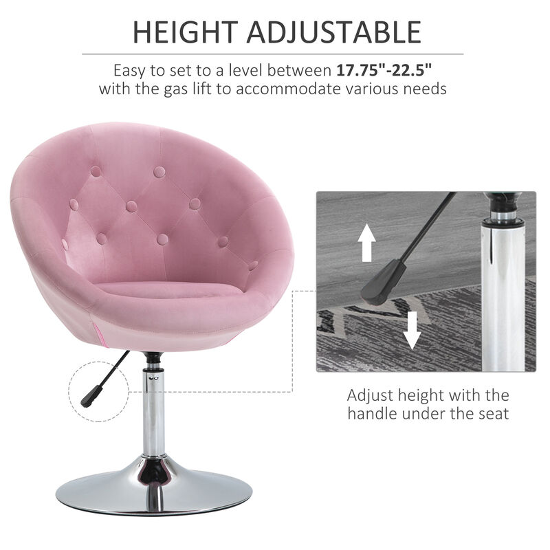 HOMCOM Modern Makeup Vanity Chair Round Tufted Swivel Accent Chair with Chrome Frame Height Adjustable for Living Room, Bedroom Pink