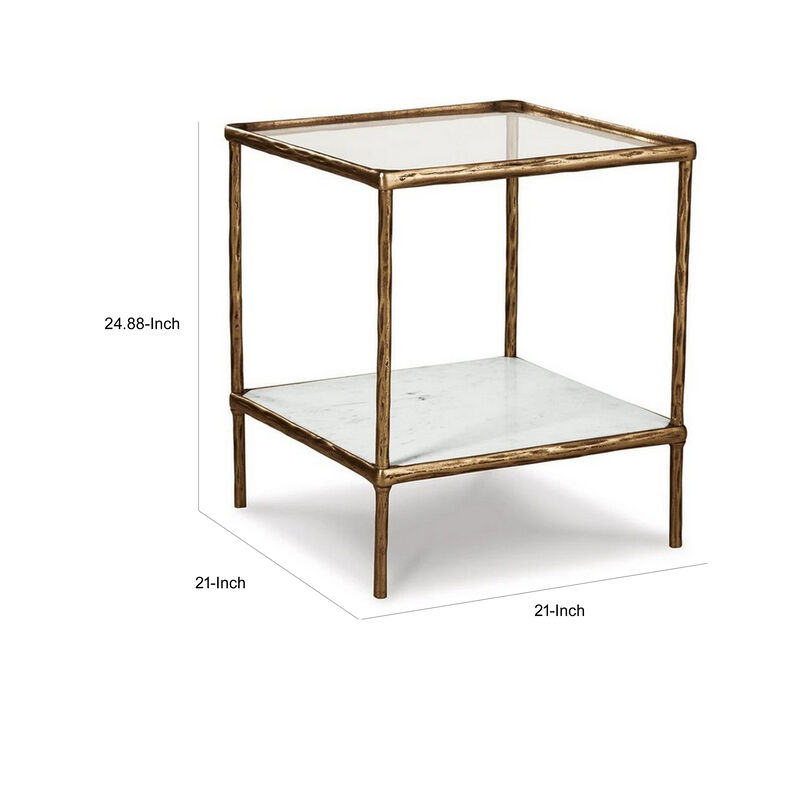Dalie 25 Inch Accent Table, Square Glass Tabletop, Marble, Antique Gold - Benzara