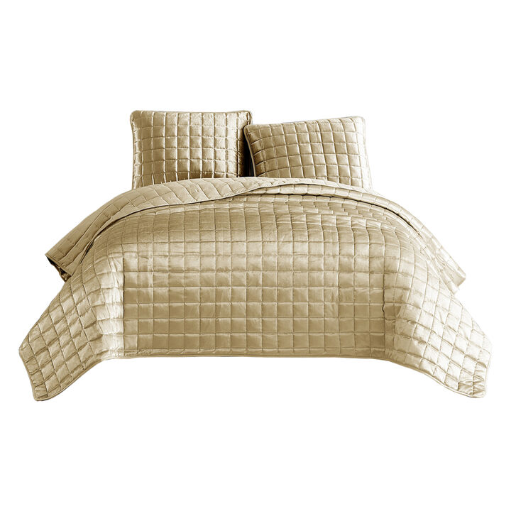 3 Piece King Size Coverlet Set with Stitched Square Pattern, Gold-Benzara
