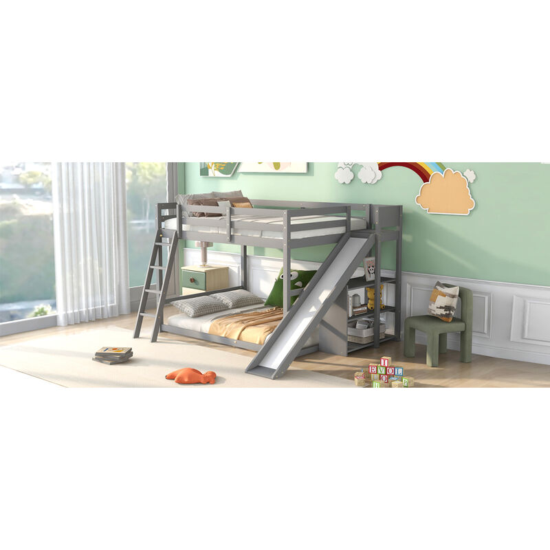 Full Over Full Bunk Bed With Ladder, Slide And Shelves