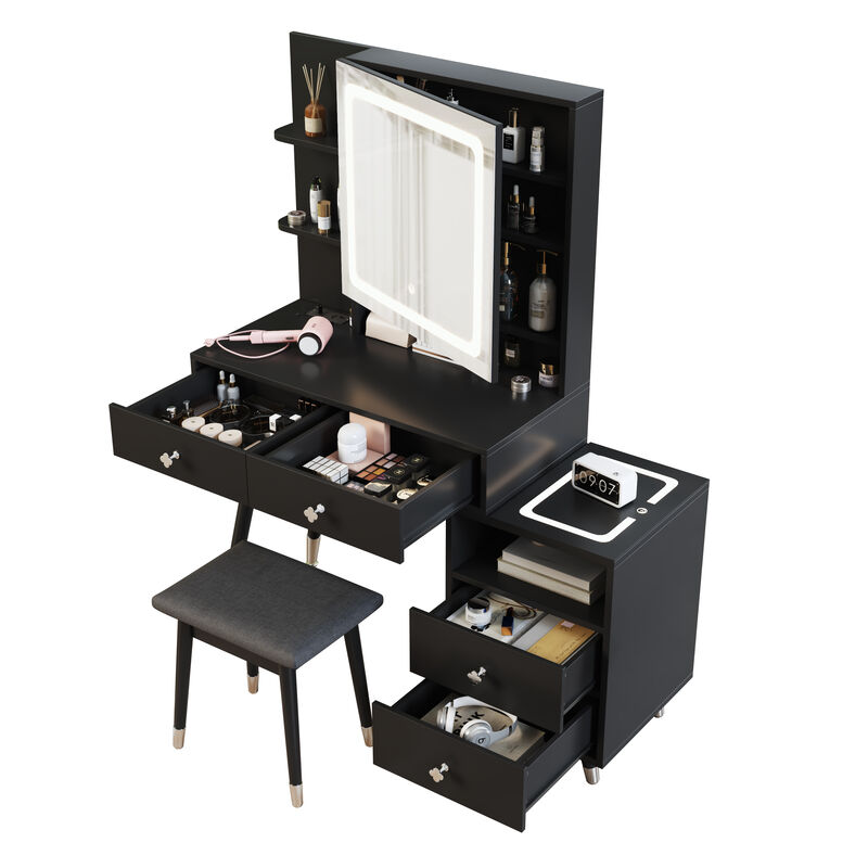 LED Lighted Mirror Cabinet with 4 Drawers & 2-Tier Shelf, Solid Wood Legs