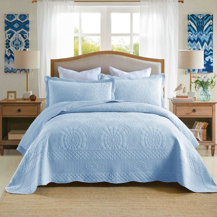 MarCielo 3 PCS 100% Cotton Oversized Bedspread Quilt Set Embroidery TF