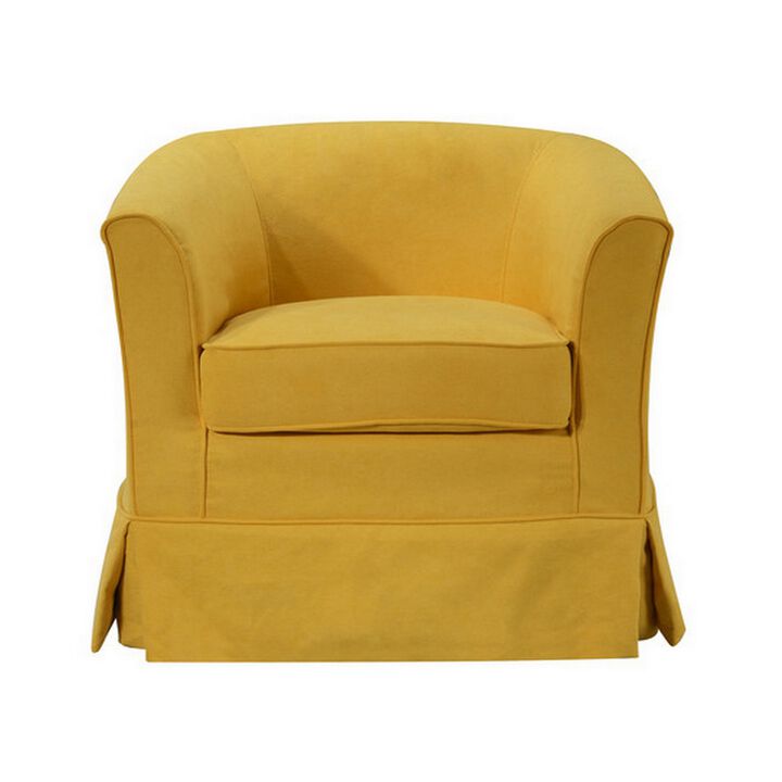 Lex 28 Inch Swivel Accent Chair, Yellow Fabric, Curved Track Back, Skirted-Benzara