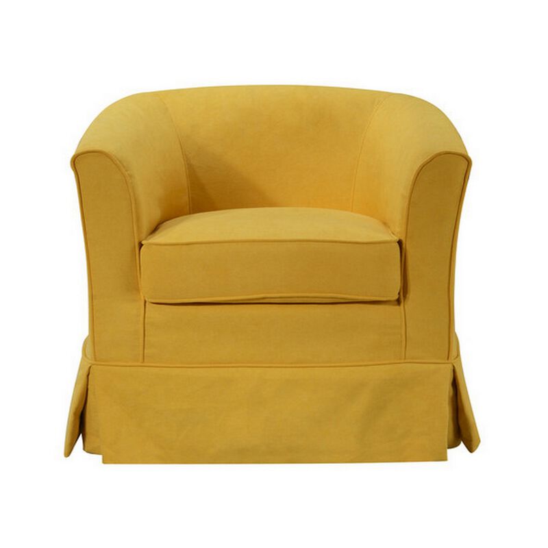 Lex 28 Inch Swivel Accent Chair, Yellow Fabric, Curved Track Back, Skirted-Benzara