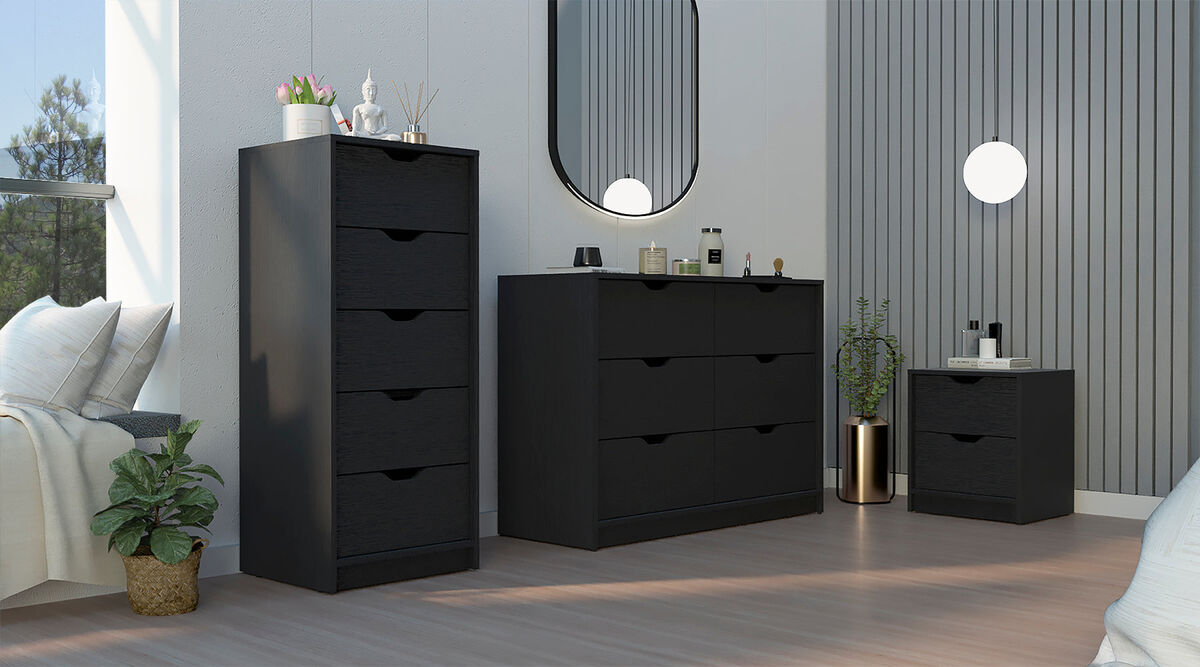 Stockley 3 Piece Bedroom Set, Nightstand + Dresser + Dresser, Black