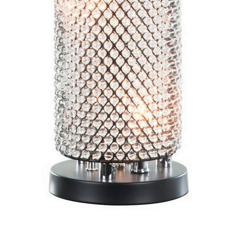16 Inch Table Lamp, Crystal Cylinder Shade, Metal Mesh, Antique Bronze-Benzara