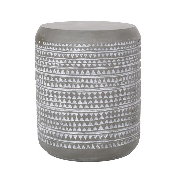 Outdoor End Table, 16 Inch Round Gray Faux Concrete w White Pattern - Benzara